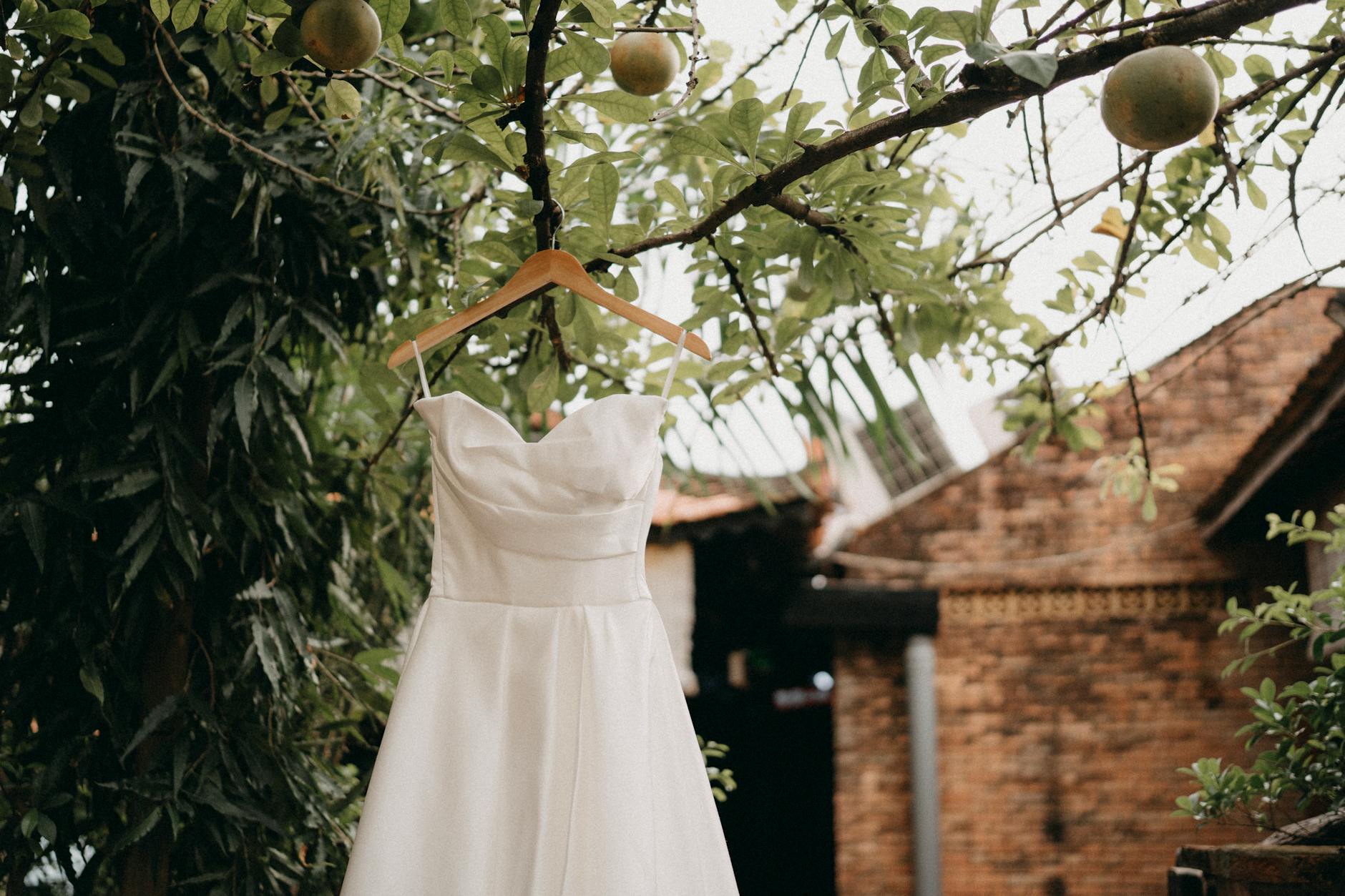 Suknia ślubna wisząca na gałęzi wśród zieleni na świeżym powietrzu